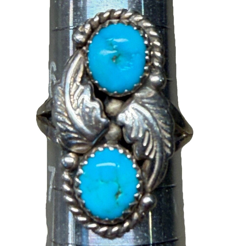 Vtg Navajo Sterling Silver Turquoise Ring Signed RB Running Bear Size 6.5 Blue